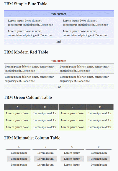 Screenshot of table styles